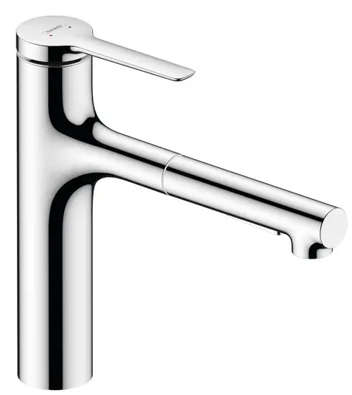 Hochglanzverchromter Küchenarmatur von Hansgrohe mit klarem Design, einhebeliger Steuerung und seitlichem Auslauf. Ausziehbar mit zwei Strahlarten.
